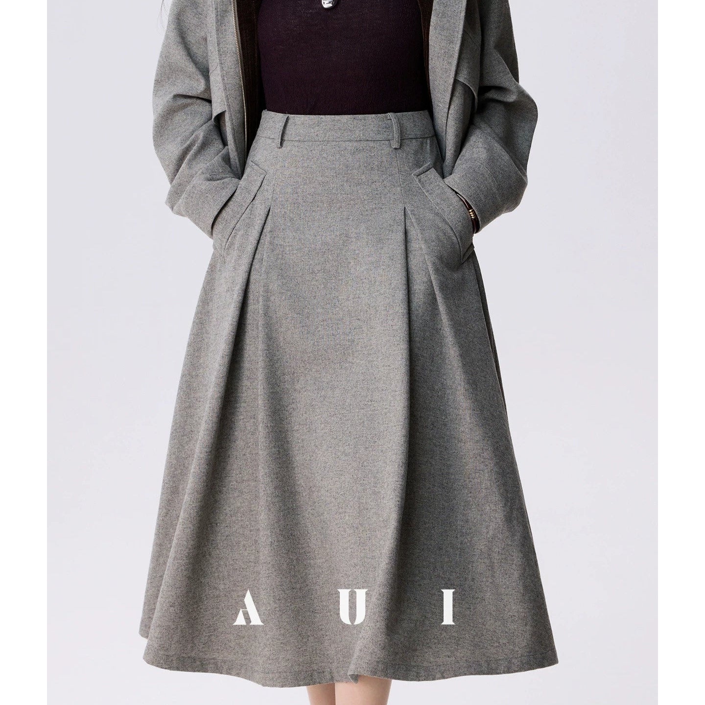 AUI Wrinkled High-Waisted Umbrella Temperament Mid-Length Skirt - PRIDE