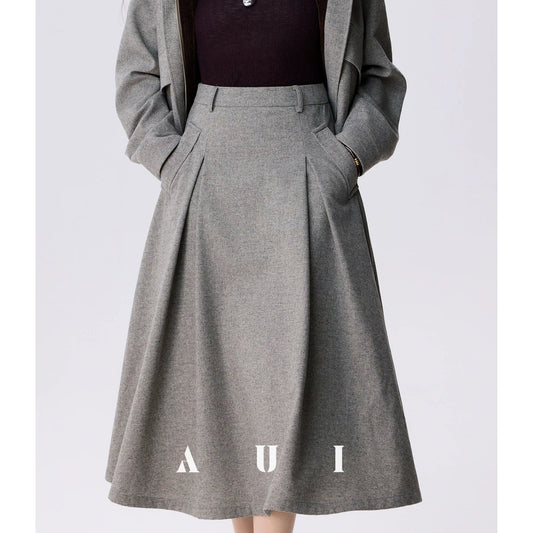 AUI Wrinkled High-Waisted Umbrella Temperament Mid-Length Skirt - PRIDE