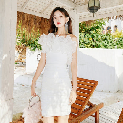 DOLLY Elegant White French Style Ruffled Off Shoulder Short Birthday Dress-AMA