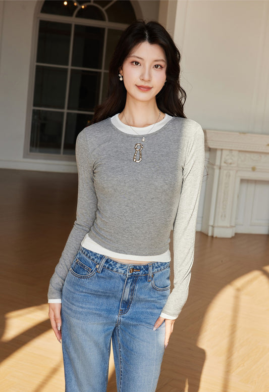 YES BY YESIR round neck slim long-sleeved top - KNIGHTS.