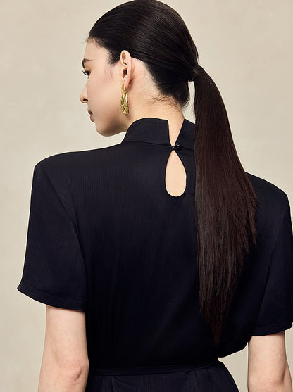 HECO acetate press-pleated cinched waist black white texture t-Shirt - NONE.