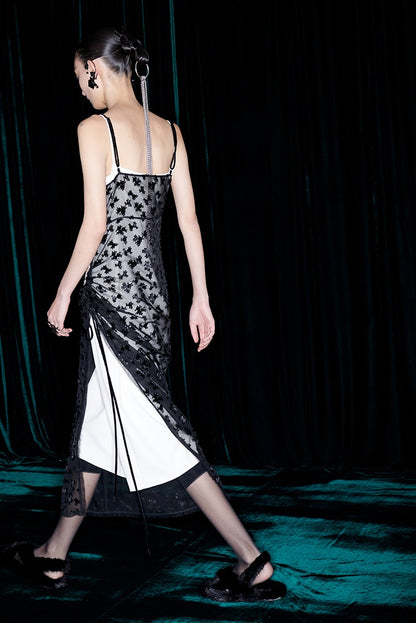 M essential Mackay designer Dot Rose jacquard iris embroidered folded dress - ceaser.