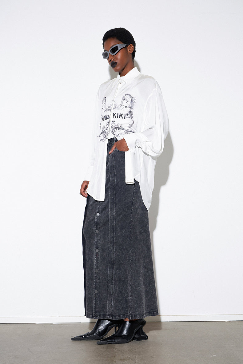 ANNAKIK autumn niche designer gray black two-piece denim skirt-NAYUTA