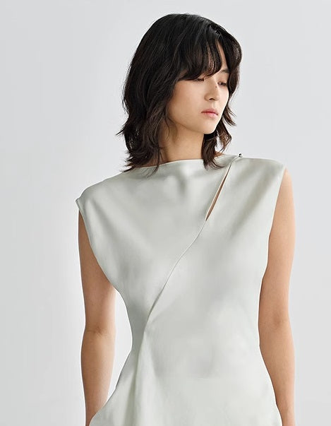 COMME MOI Oblique Shoulder Cutout Acetate Cap Sleeve Green Shirt - SUN.