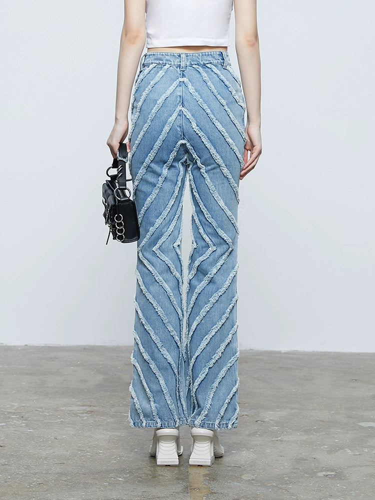 ANNAKIKI fractal shooting star raw edge denim bell bottoms-YAMEN.
