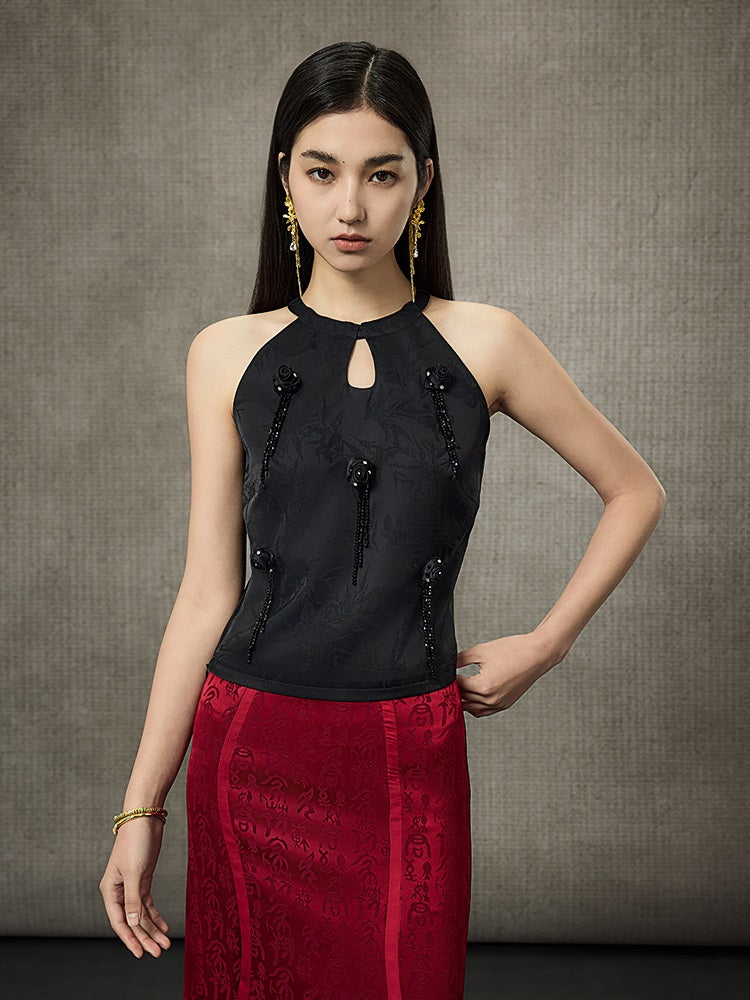 HECO Sleeveless Halterneck Handmade Rose Tassel Vest - BACK.