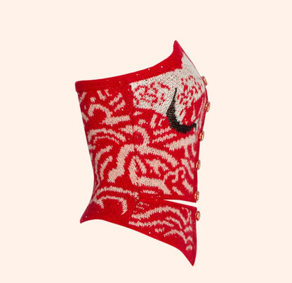 MagicQ's red wave crane jacquard bandeau short top color-block long coat knit set