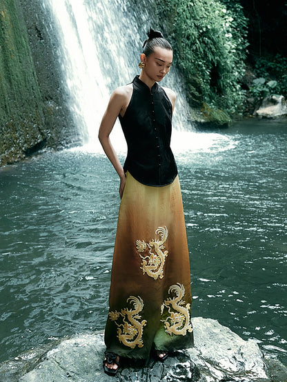 HECO Chinese blended gradient golden dragon embroidered straight skirt - RELY.