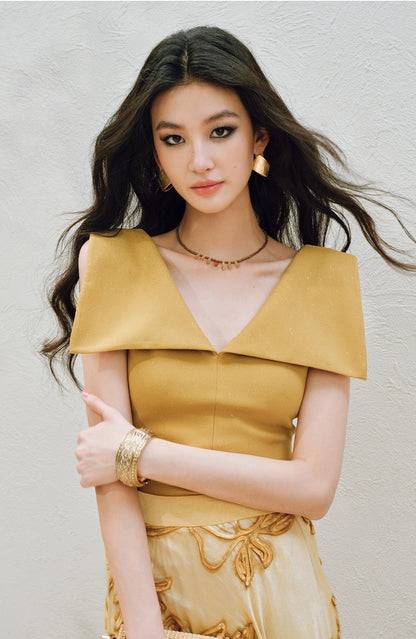 WANGXO | Fine Glitter-Sprinkled Silver High-Elastic Hemp Knit  Layered V-Neck Slim Elegant Top -SANA