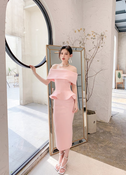DOLLY High End Off Shoulder Peplum Tube Top Slim Fit Wedding Guest Dress-HANS