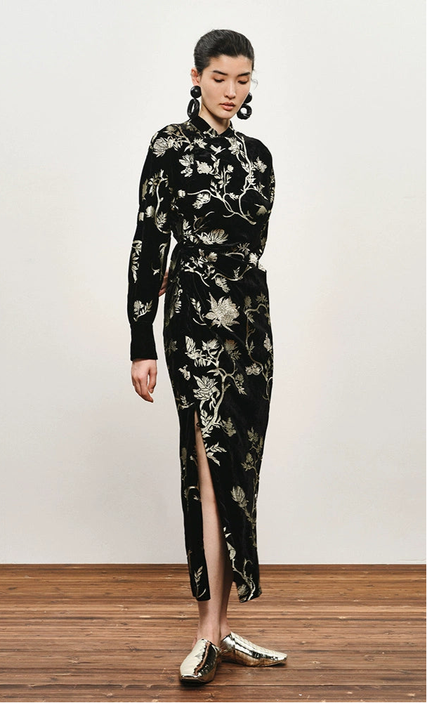 ZHUCHONGYUN Chinese Nail Bead Stamping Suede Dress--THORFINN.