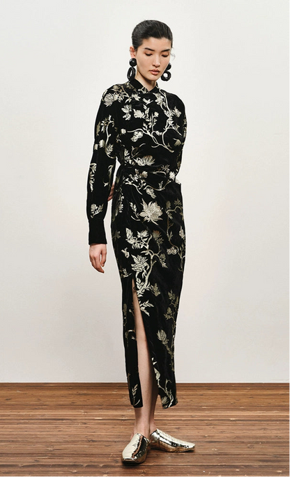 ZHUCHONGYUN Chinese Nail Bead Stamping Suede Dress--THORFINN.