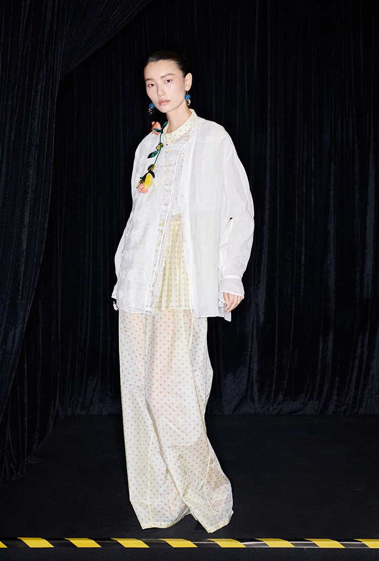 M essential Mackay designer polka dot silk cotton elasticated wide-leg trousers - YVONE.