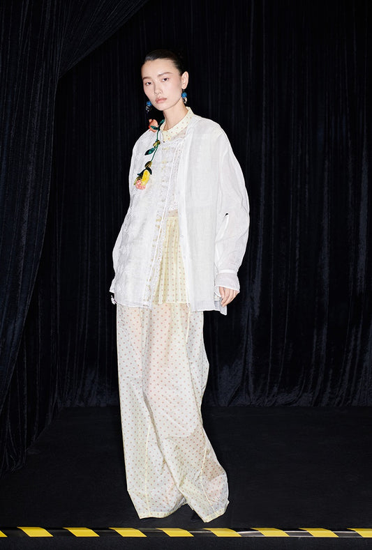 M essential Mackay designer polka dot silk cotton elasticated wide-leg trousers - YVONE.