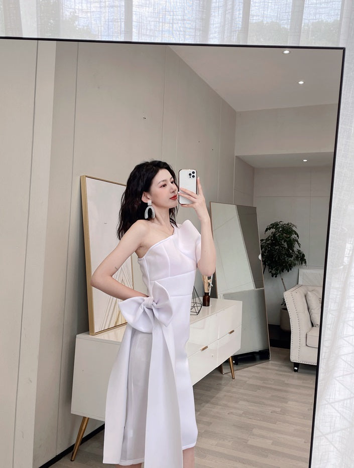 DOLLY Elegant French Style Slant Collar Sleeveless High Waist Midi Dress-QUINNE