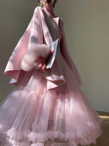 Aconiconi Winter pink wool cape fox fur sleeve double-sided coat-Sakura