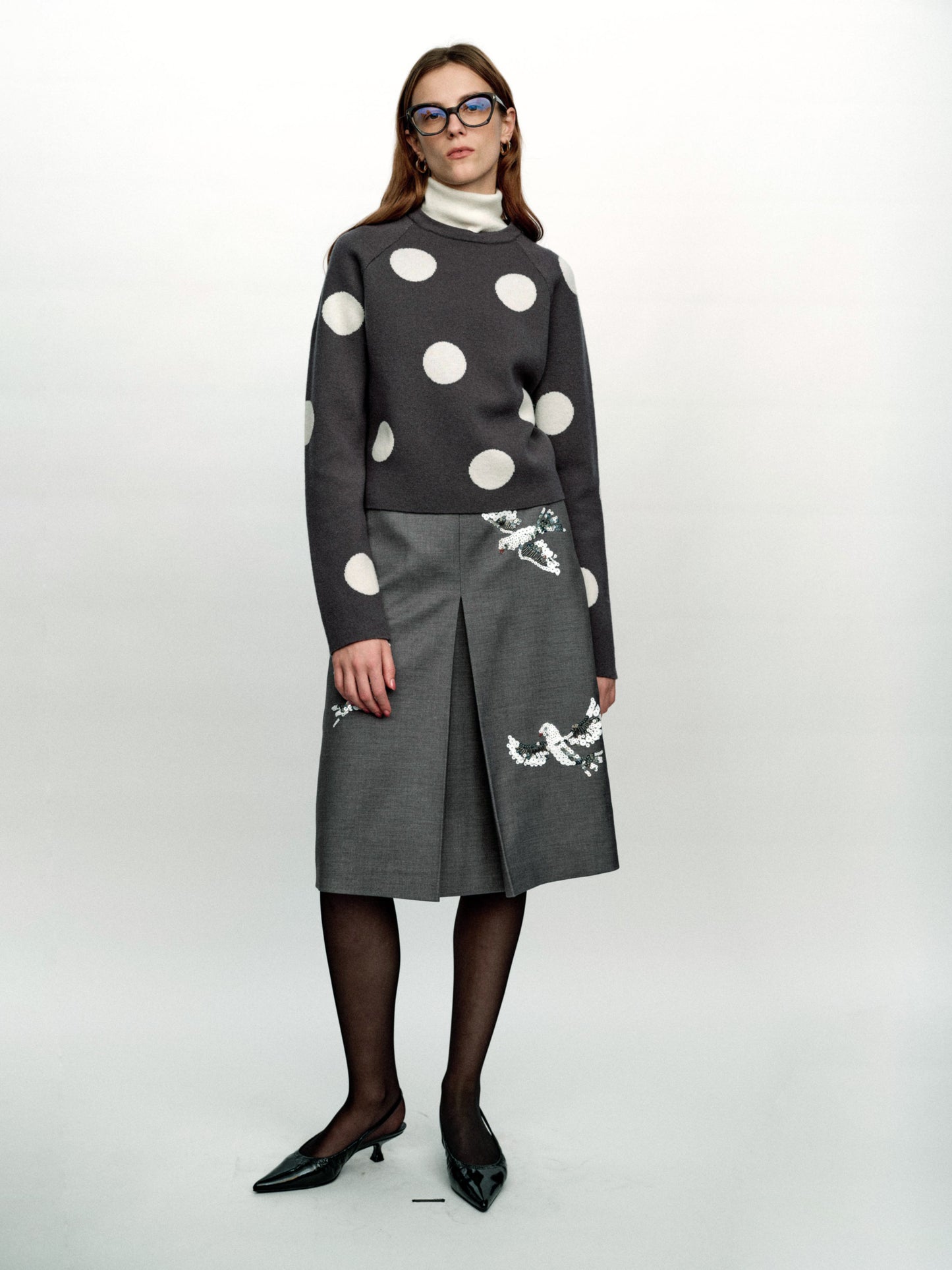 SERRER Gray polka dot jacquard fake two high-necked cropped knitted sweaters - PRIYA.