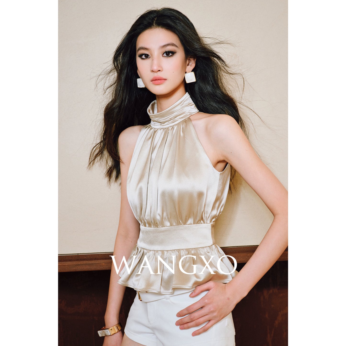WANGXO Acetate Satin Silky Smooth Collar Cut-Out Aesthetics Shirred Waist Umbrella Top - VIOLA