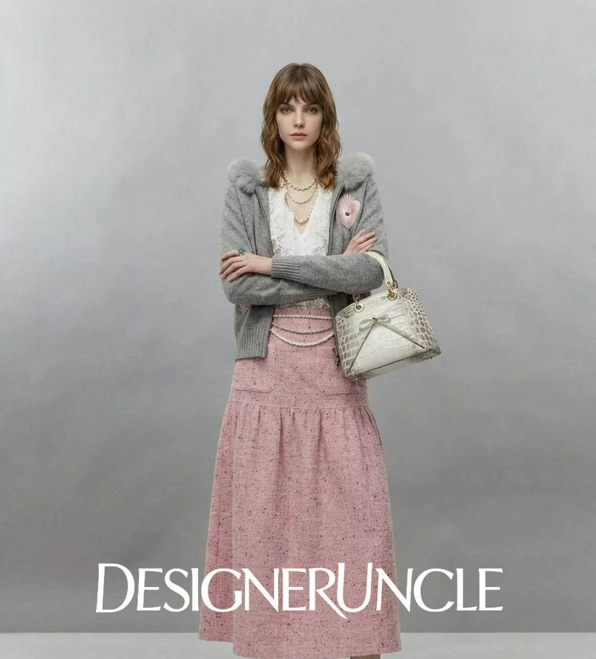 DGU×LAB "Matte Fleece" Gray Heart-Eye Embroidered Fur Collar Knitted Jacket - MIN