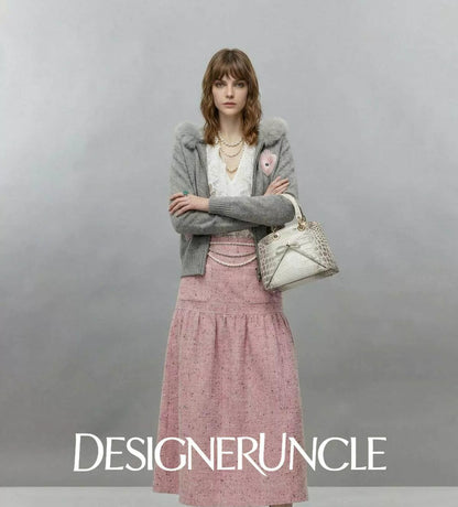 DGU×LAB "Matte Fleece" Gray Heart-Eye Embroidered Fur Collar Knitted Jacket - MIN