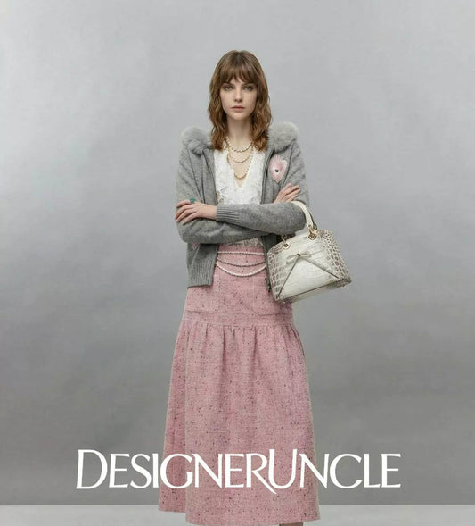 DGU×LAB "Matte Fleece" Gray Heart-Eye Embroidered Fur Collar Knitted Jacket - MIN