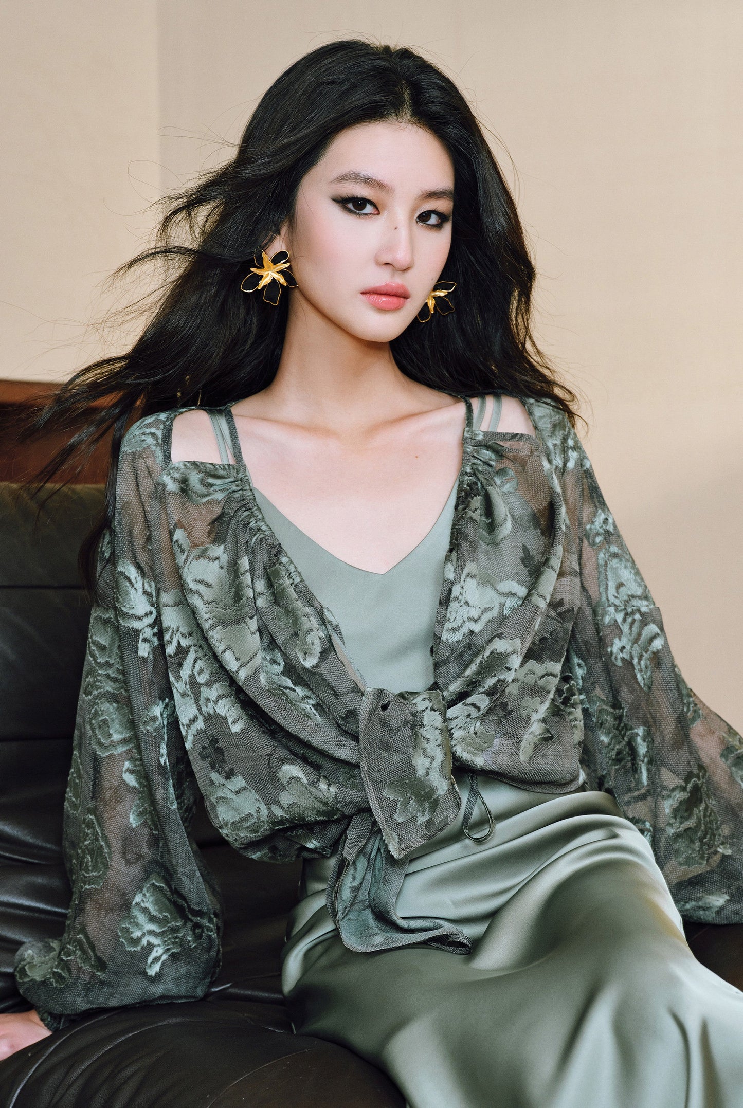 WANGXO Devoré Lace Light and Shadow Heavy Industry Bias French Cardigan & Satin Sundress Set - ESMEE