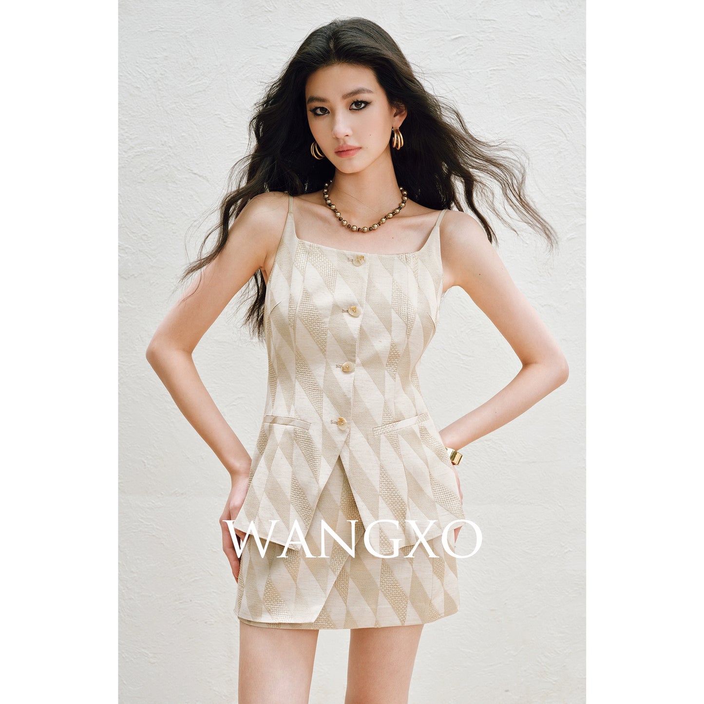 WANGXO | Oxygen-Induced Linen with Rhombic Texture  Waist-Cinched U-Neck Camisole Vest & Tie Skirt Set -NOLA