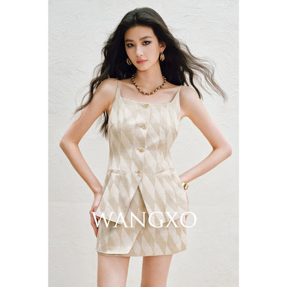 WANGXO | Oxygen-Induced Linen with Rhombic Texture  Waist-Cinched U-Neck Camisole Vest & Tie Skirt Set -NOLA