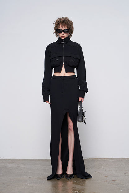 ANNAKIKI Designer Curved Casual Sweat Slit Maxi Skirt-FUKU