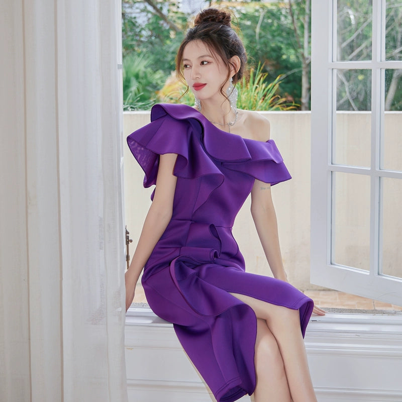 DOLLY Elegant Purple Ruffled Off Shoulder High Waist Midi Ruffle Dress-AKARI