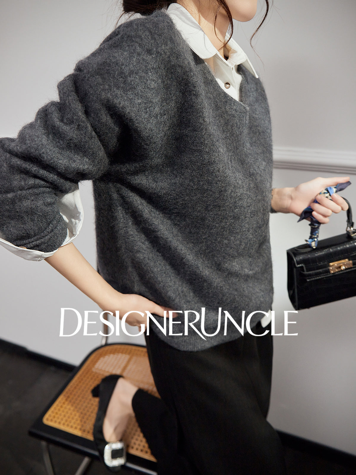 DGU "Goose Return" gray crew neck sweater loose and versatile slimming top - ALVADA.