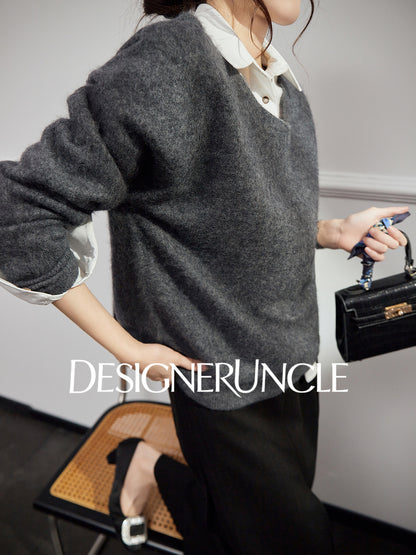 DGU "Goose Return" gray crew neck sweater loose and versatile slimming top - ALVADA.