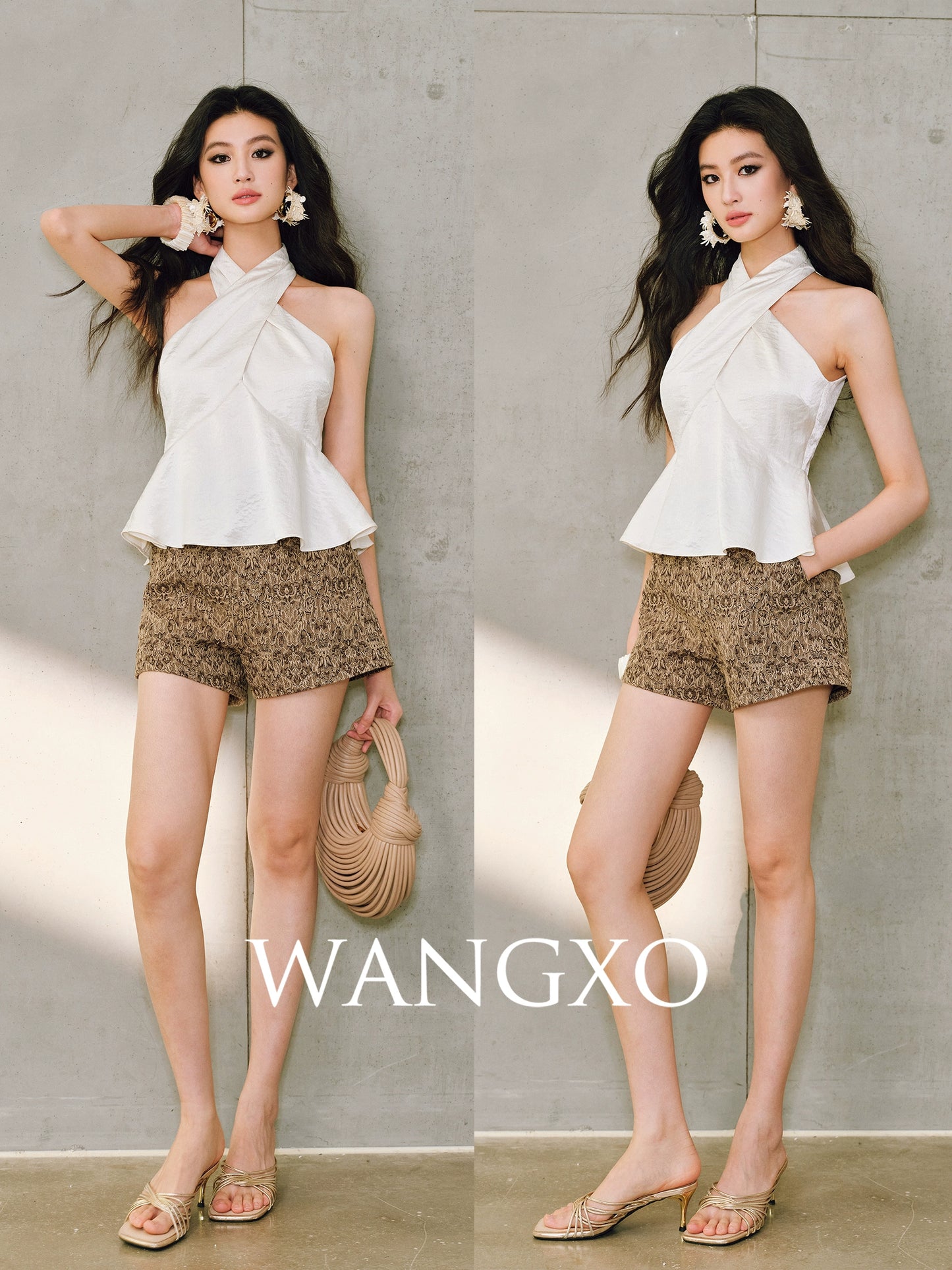 WANGXO Hand-Pinched Pleats Cross Halterneck Umbrella Swing Top with Sculpted Elegance -NYRA