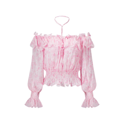CHICHY French beautiful one-line collar long sleeve super fairy floral shirt-KIM