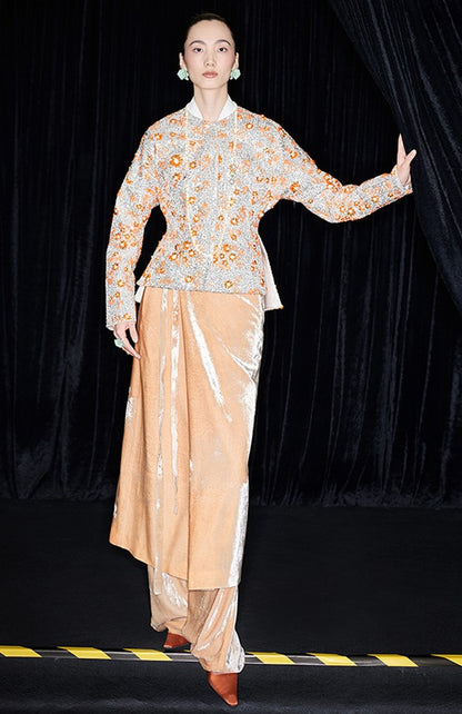 M essential Mackay designer vermilion persimmon embroidered waist silhouette short coat - PISSY.