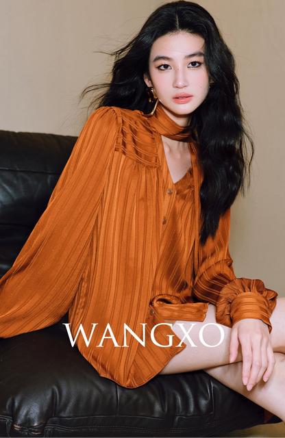 WANGXO Bright Silk Satin with 3D Drawstring Detail Temperament V-Neck - LENNA