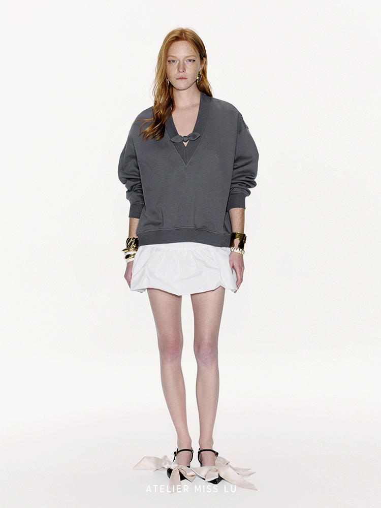 ATELIER MISS LU Rabbit Ear Bow Stitched Silhouette Sweatshirt - MIKE