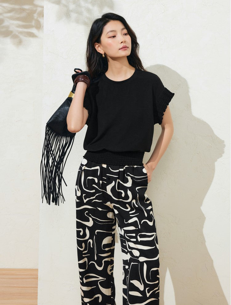 SUSHETencel Loose H-Shaped Wrap Waist Design Sense Short Sleeve T-Shirt Knit Top-RUTH