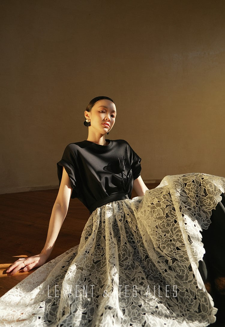 LE VENT&TES AILES French embroidery lace elegant A-line fill skirt-ESME