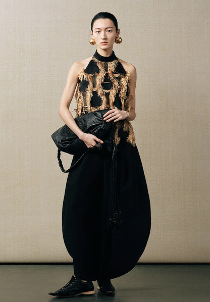 ZHUCHONGYUN draped tassel jacquard sleeveless halter neck suspender top-MAOTOME.