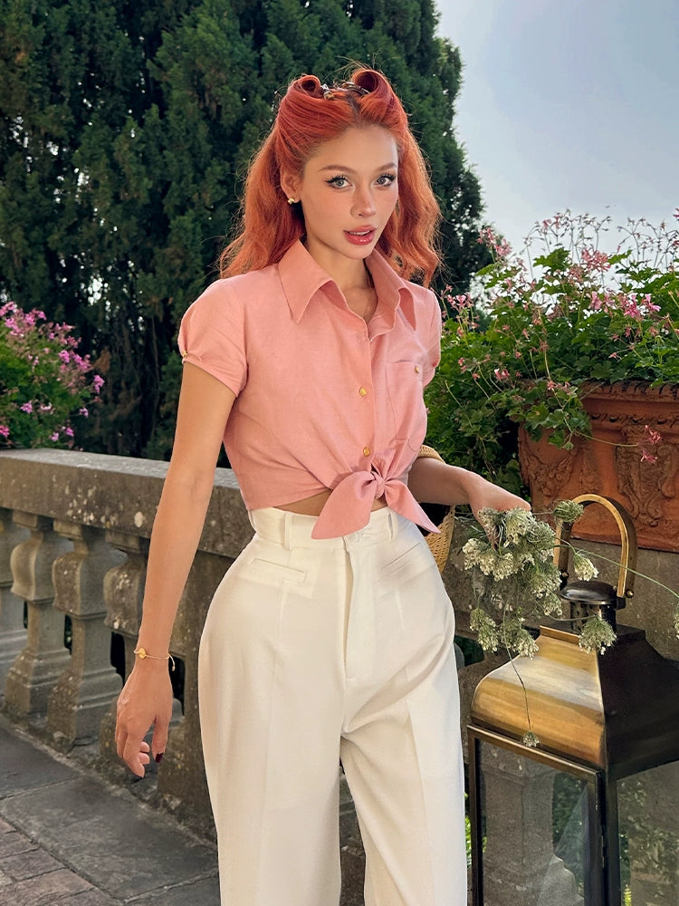 Le Palais Vintage  Gold Cotton Linen Pink Puff Sleeve Shirt + Shorts-ASA.