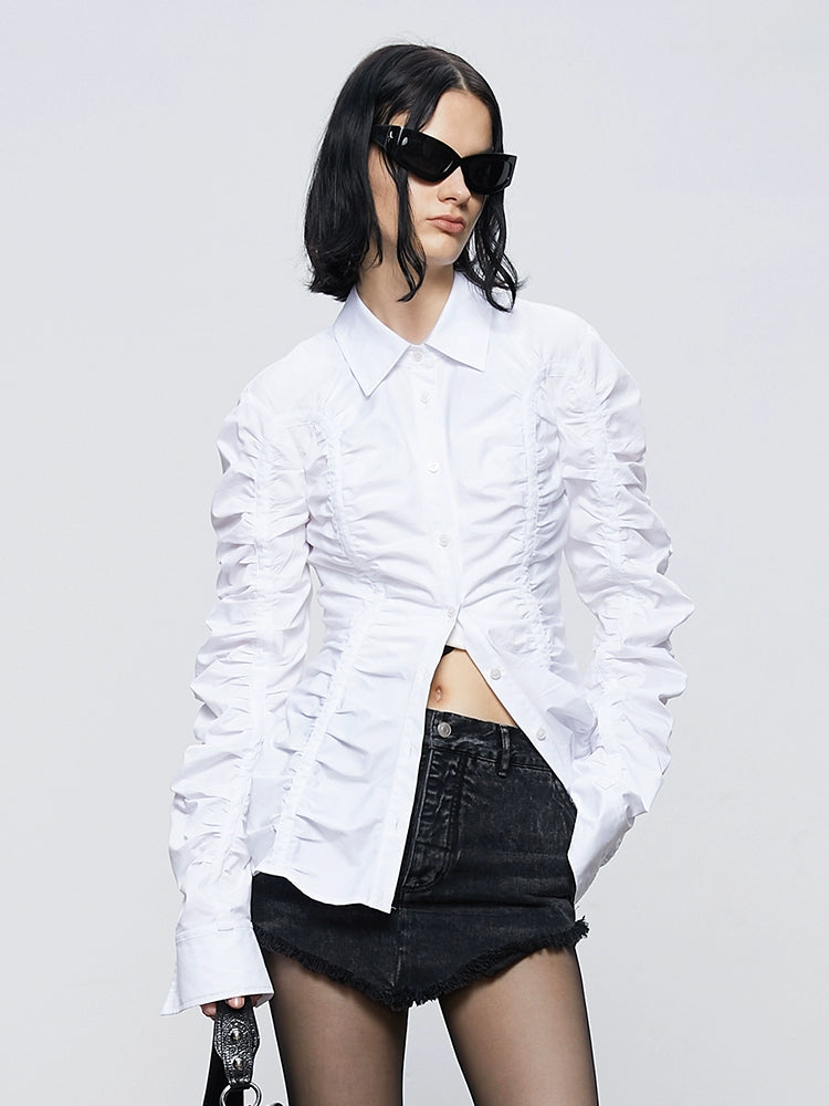 ANNAKIKI white deconstructed split pleated long sleeve shirt for women-SATURN