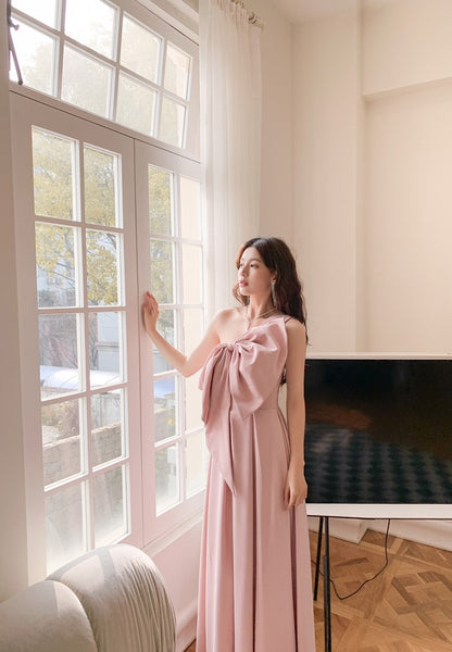 DOLLY High End Retro Style One Shoulder Big Bow Long Dinner Dress-KIKI