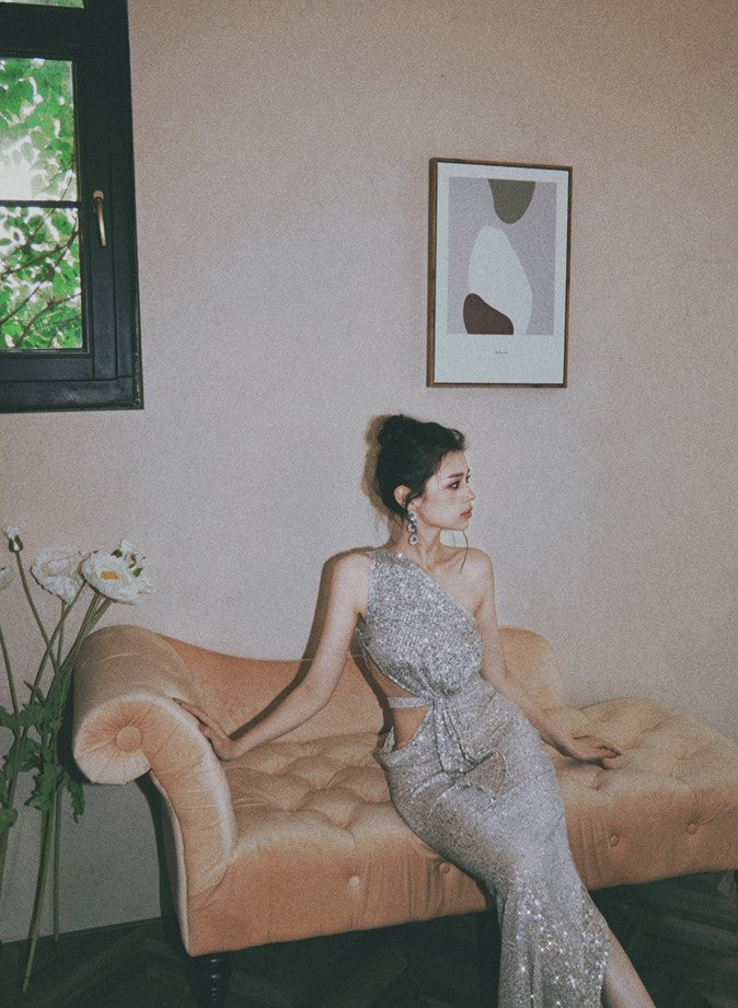 DOLLY Elegant Sliver One Shoulder Sleeveless Sparkling Slim Fit Sexy Dinner Dress-ALETA