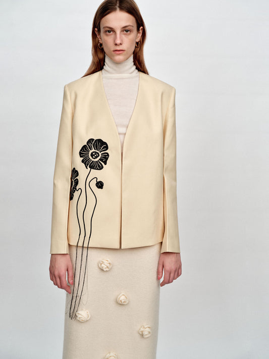 SERRER Flower embroidery beads tassels pale yellow collarless blazer - TYLER.