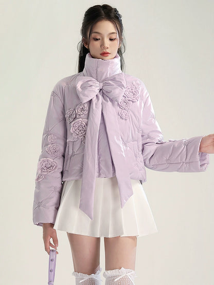 CHECOCRE Chic Gentle Romantic Style Purple Bow Cotton Jacket  - INTERPHASE