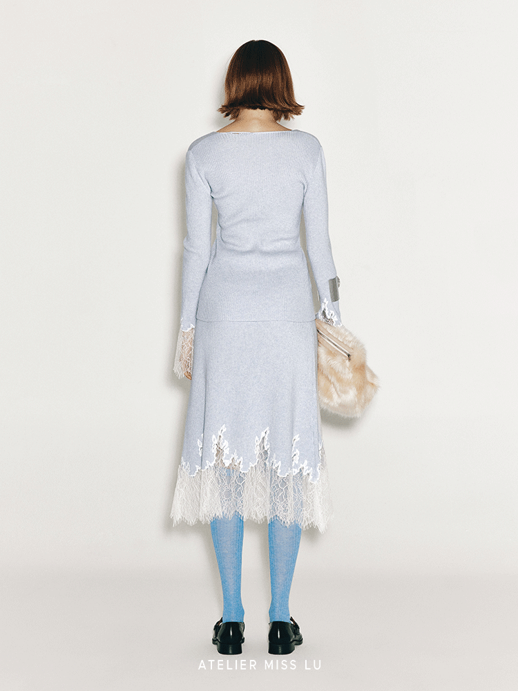 ATELIER MISS LU Fall/Winter elongated lace panelled cashmere wool skirt - JOY