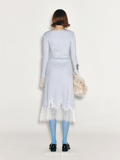 ATELIER MISS LU Fall/Winter elongated lace panelled cashmere wool skirt - JOY