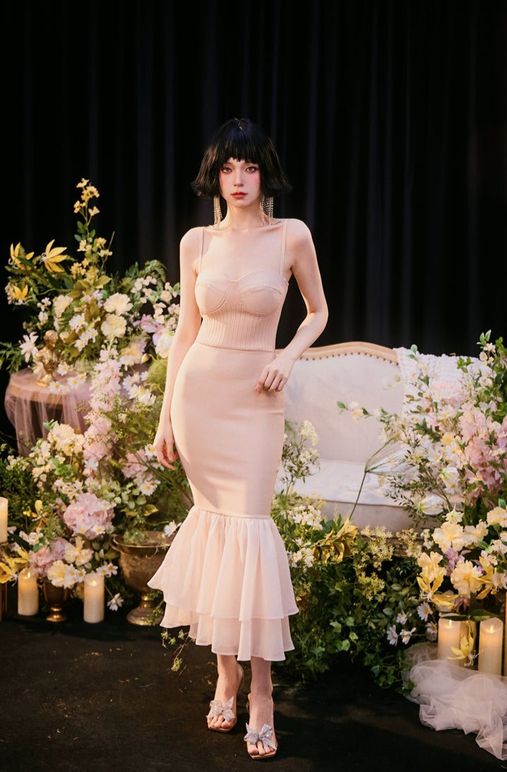 DOLLY Elegant Nude French Style Sleeveless Ruffle Fish Tail Dinner Dress-AMALIA