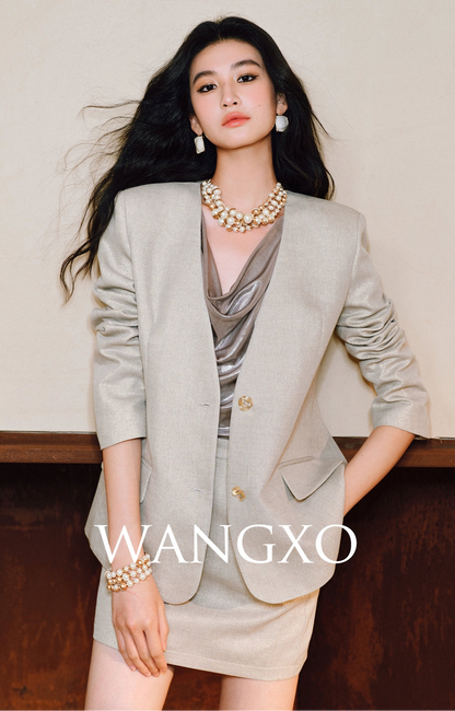 WANGXO Linen Luster Set Light-Luxury Collarless Suit & Micro A-Skirt Old Money Style- LYRAH
